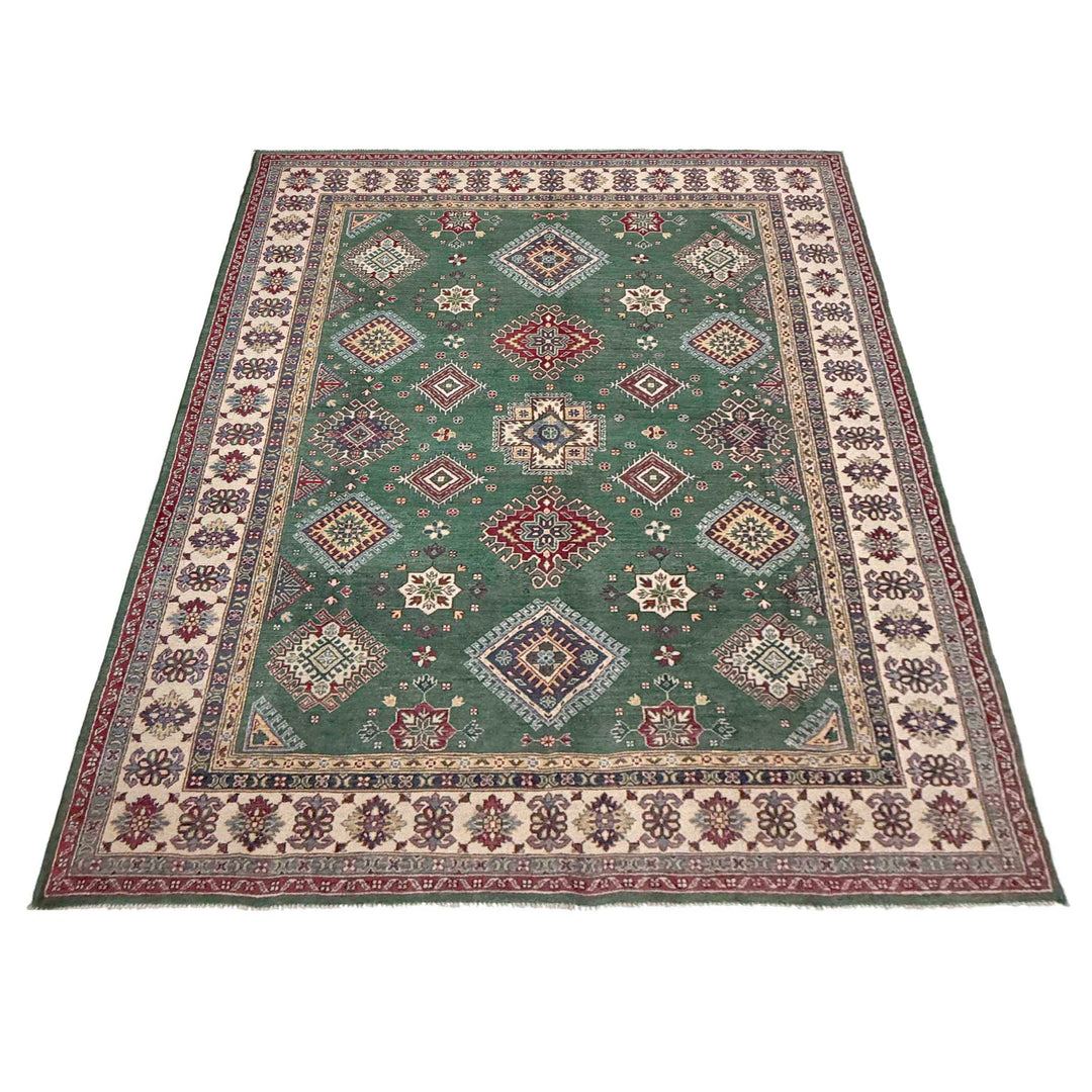 Green Afghan Kazak Rug 6' 9" x 10' 0" Hand-Knotted detail