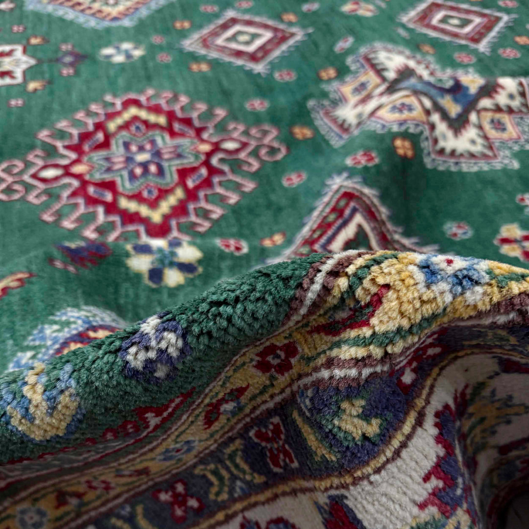 Green Afghan Kazak Rug 6' 9" x 10' 0" Hand-Knotted field