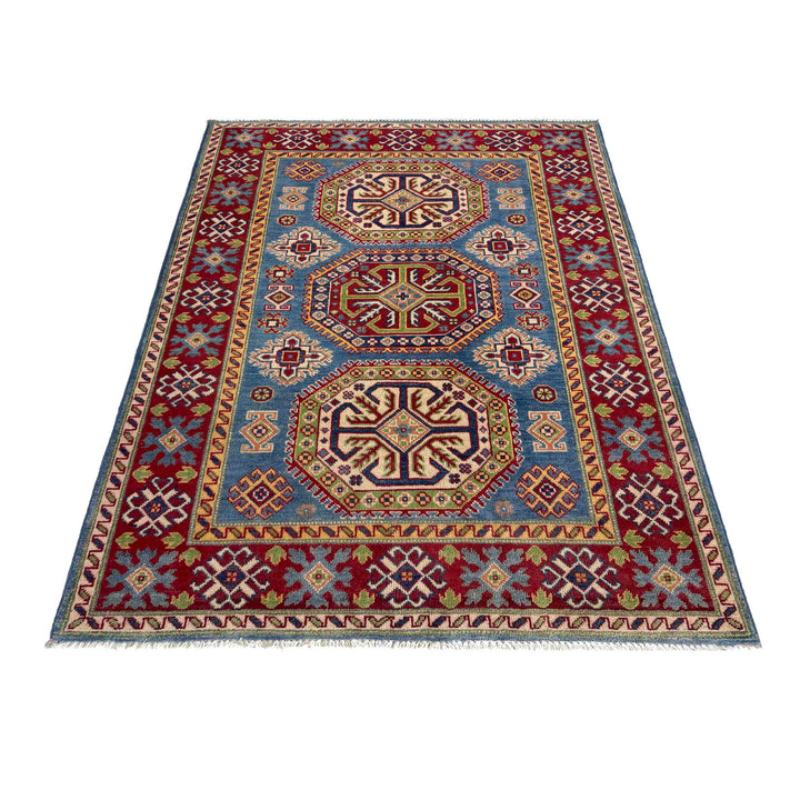 Blue Afghan Kazak Rug 4' 0" x 6' 0" Hand-Knotted detail