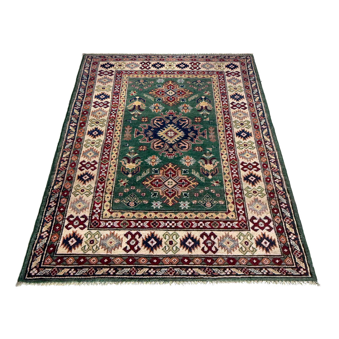 Green Afghan Kazak Rug 3' 1" x 4' 11" Hand-Knotted detail