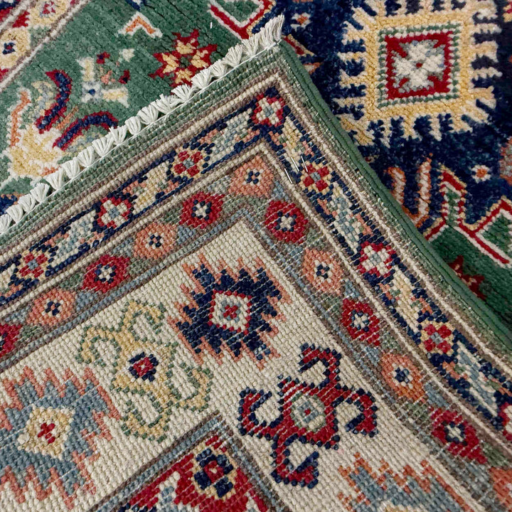 Green Afghan Kazak Rug 3' 1" x 4' 11" Hand-Knotted border