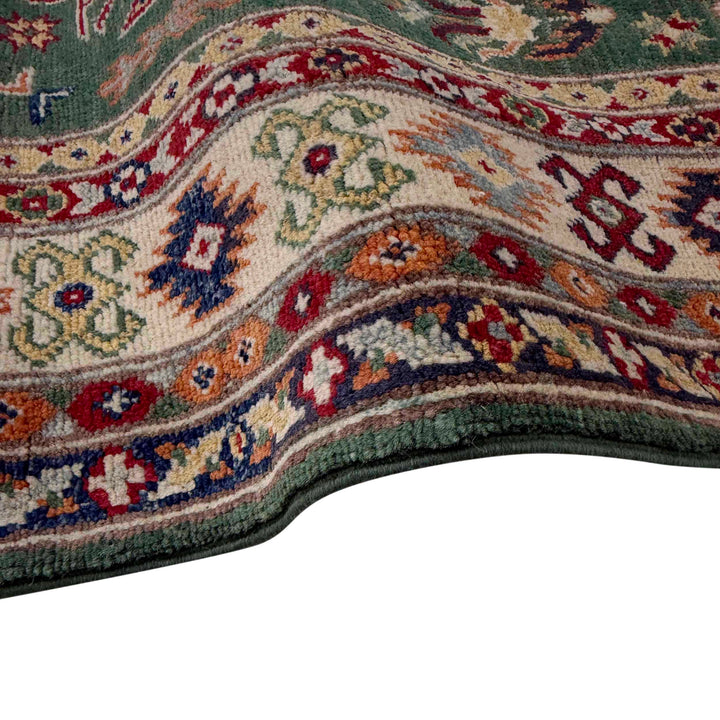 Green Afghan Kazak Rug 3' 1" x 4' 11" Hand-Knotted field