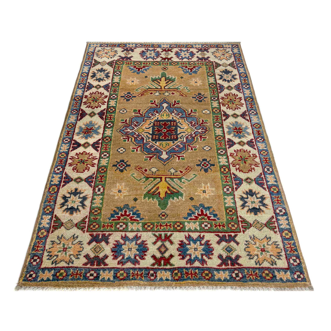 Orange Afghan Kazak Rug 2' 7" x 4' 3" Hand-Knotted detail