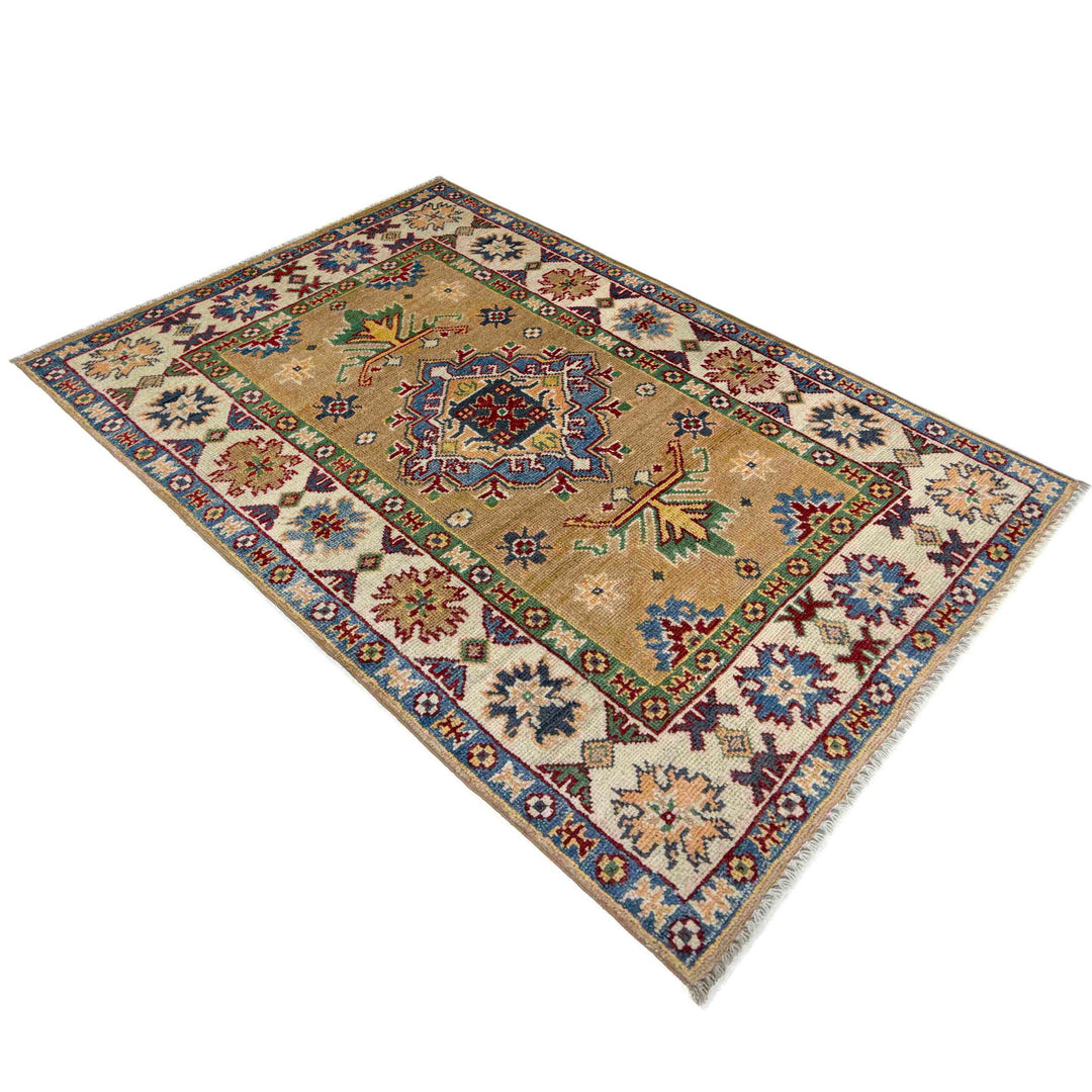 Orange Afghan Kazak Rug 2' 7" x 4' 3" Hand-Knotted close-up