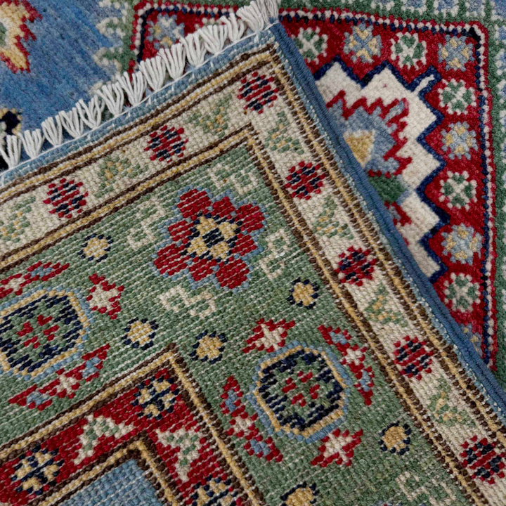 Blue Afghan Kazak Rug 2' 7" x 3' 11" Hand-Knotted border