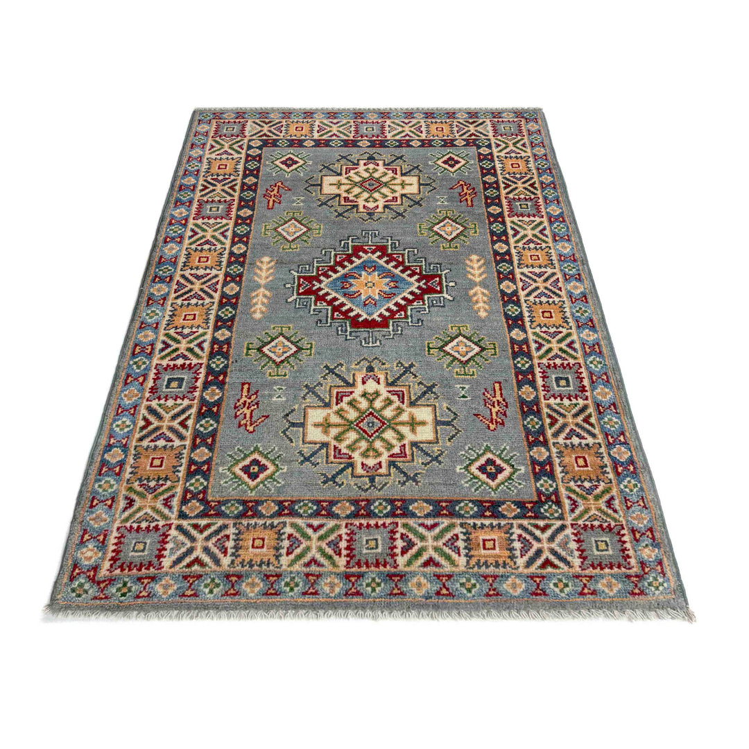 Gray Afghan Kazak Rug 2' 7" x 3' 11" Hand-Knotted | No. AL41308