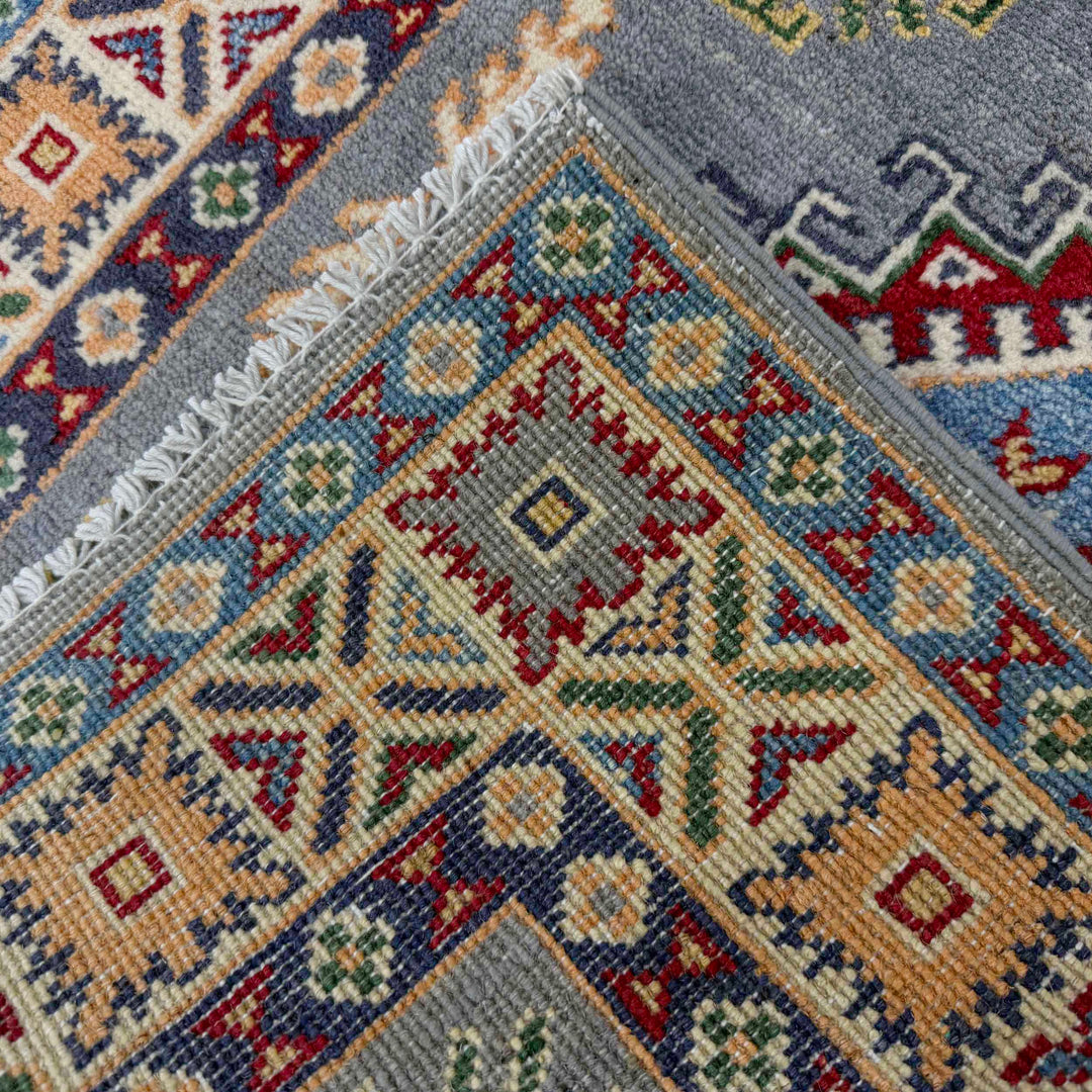 Gray Afghan Kazak Rug 2' 7" x 3' 11" Hand-Knotted | No. AL41308