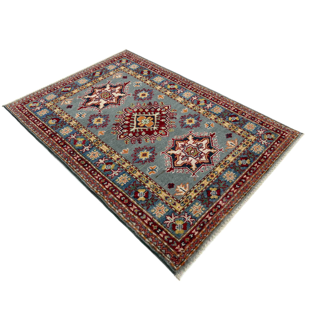 Gray Afghan Kazak Rug 2' 6" x 3' 11" Hand-Knotted | No. AL34810