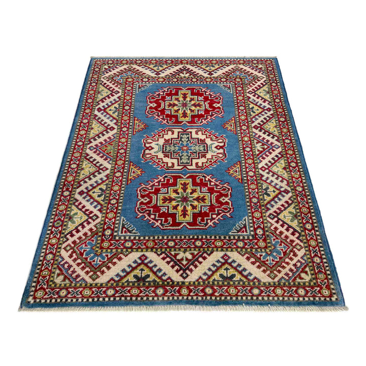 Blue Afghan Kazak Rug 2' 8" x 4' 1" Hand-Knotted detail