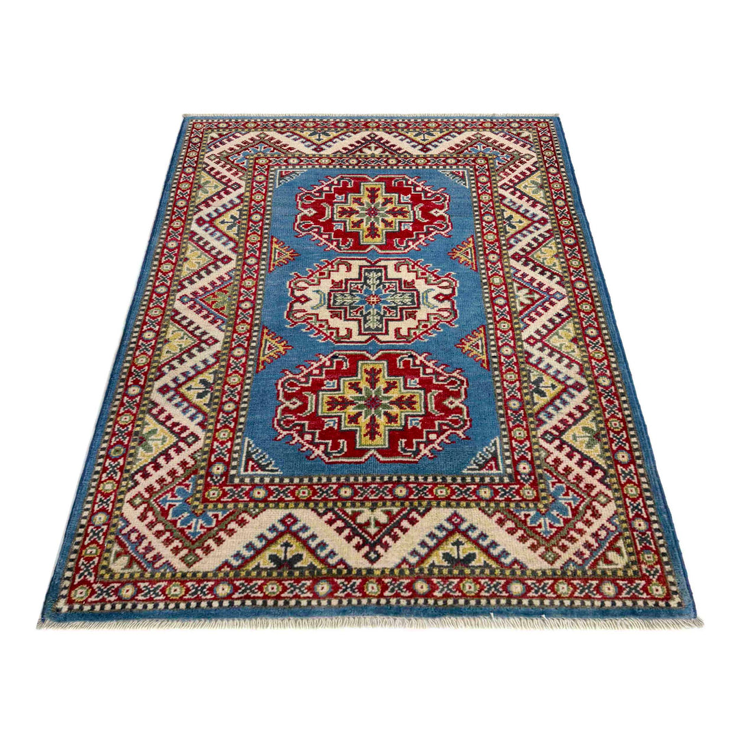Blue Afghan Kazak Rug 2' 8" x 4' 1" Hand-Knotted detail