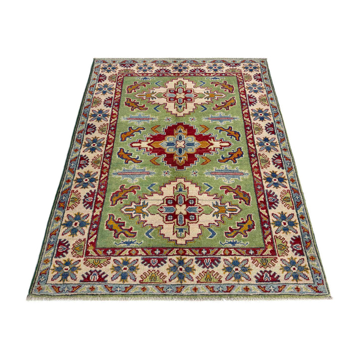 Green Afghan Kazak Rug 3' 3" x 5' 0" Hand-Knotted | No. AL43444