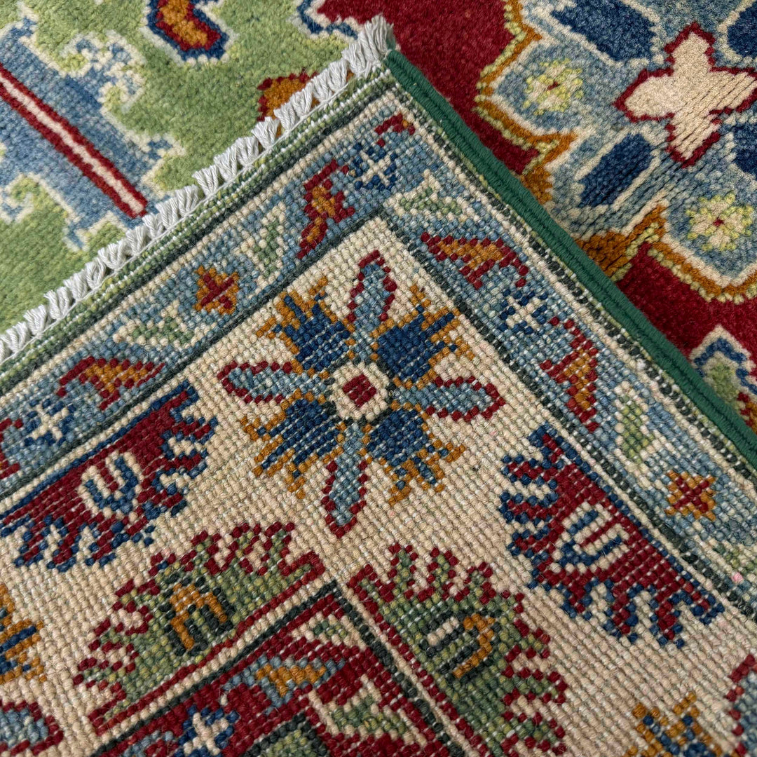 Green Afghan Kazak Rug 3' 3" x 5' 0" Hand-Knotted | No. AL43444