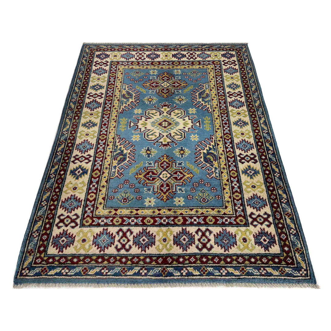 Blue Afghan Kazak Rug 3' 3" x 4' 10" Hand-Knotted detail
