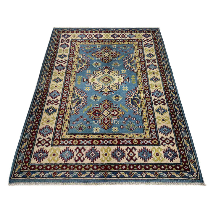 Blue Afghan Kazak Rug 3' 3" x 4' 10" Hand-Knotted detail