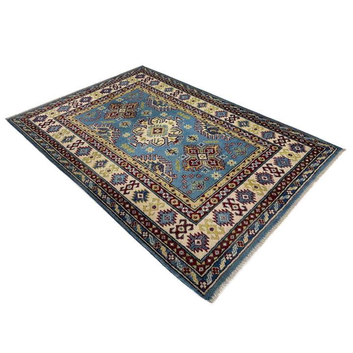 Blue Afghan Kazak Rug 3' 3" x 4' 10" Hand-Knotted close-up