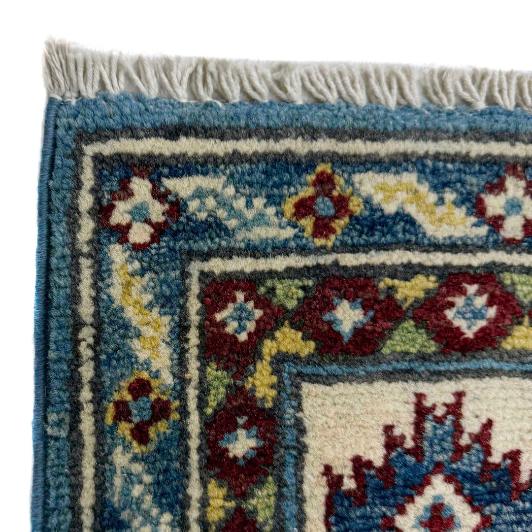 Blue Afghan Kazak Rug 3' 3" x 4' 10" Hand-Knotted pattern