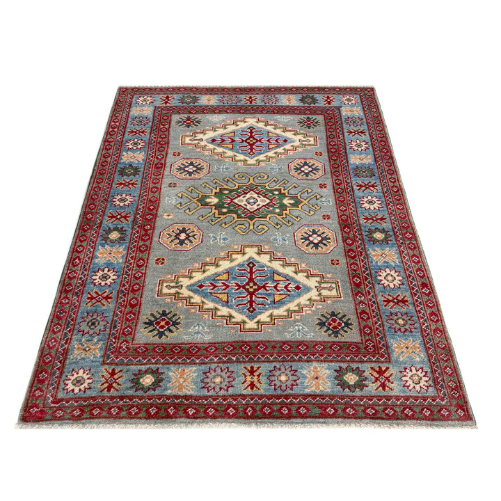 Gray Afghan Kazak Rug 3' 3" x 4' 9" Hand-Knotted detail
