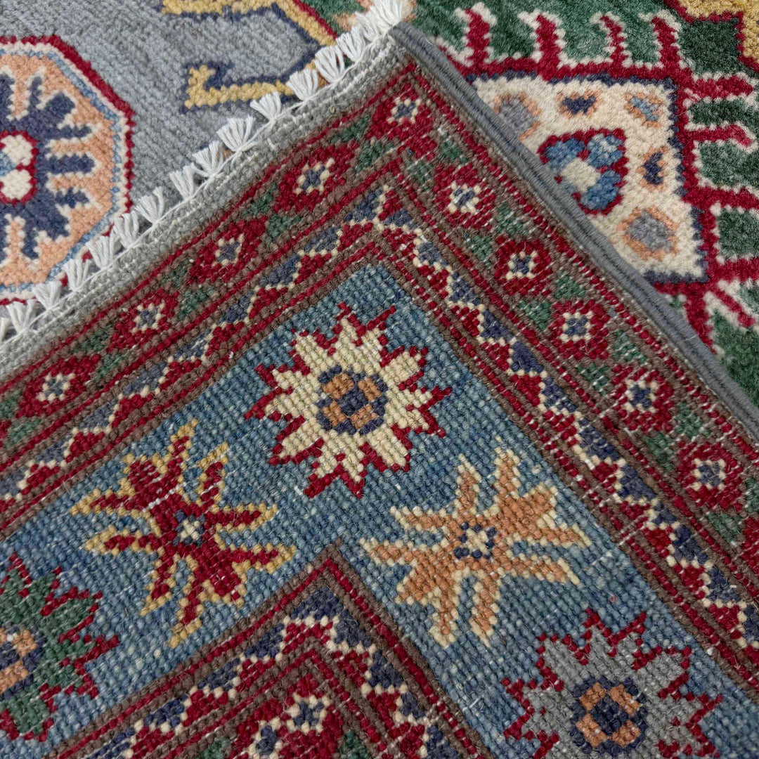 Gray Afghan Kazak Rug 3' 3" x 4' 9" Hand-Knotted border