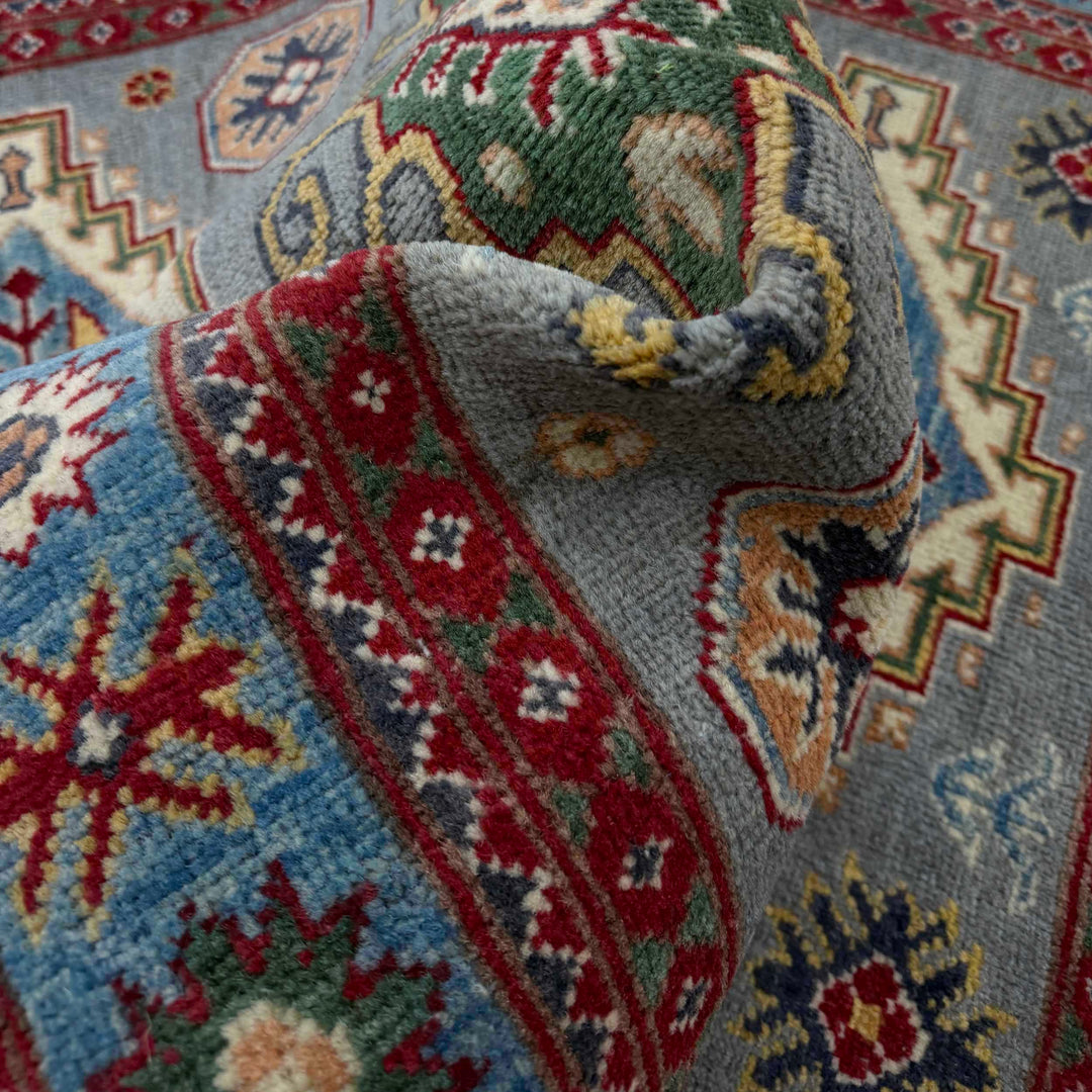 Gray Afghan Kazak Rug 3' 3" x 4' 9" Hand-Knotted field