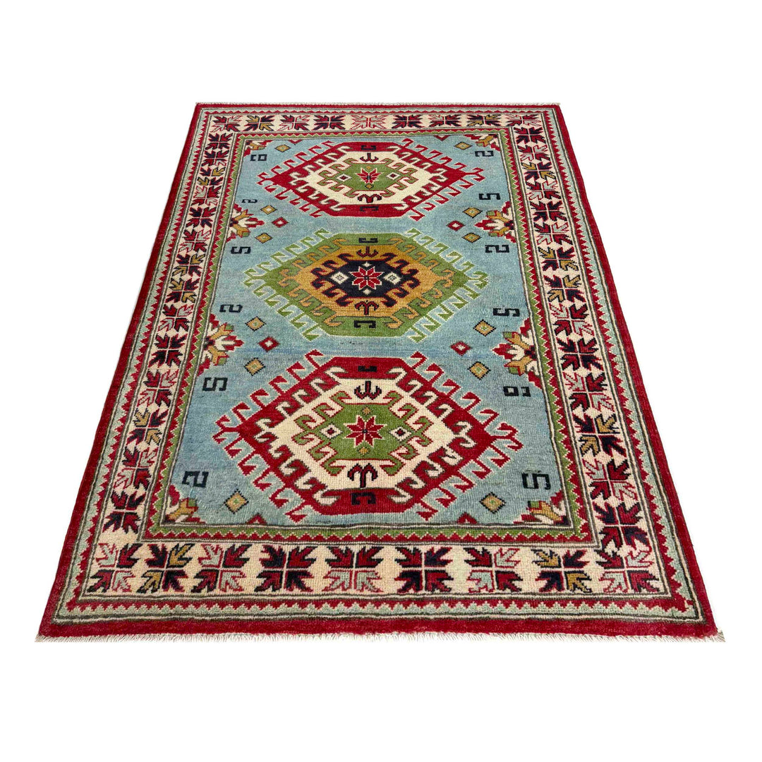 Blue Afghan Kazak Rug 3' 3" x 4' 11" Hand-Knotted | No. AL33109