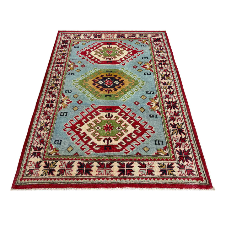 Blue Afghan Kazak Rug 3' 3" x 4' 11" Hand-Knotted | No. AL33109