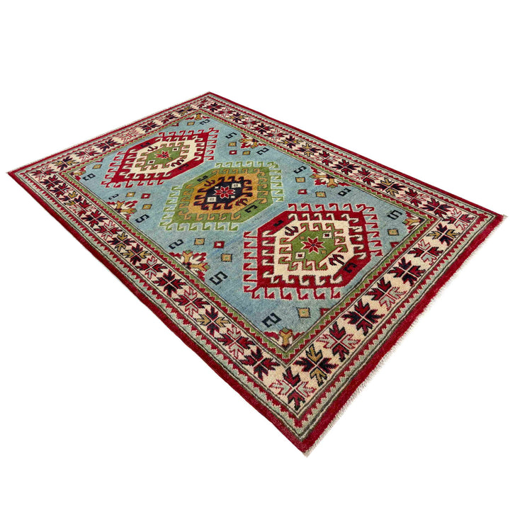 Blue Afghan Kazak Rug 3' 3" x 4' 11" Hand-Knotted | No. AL33109
