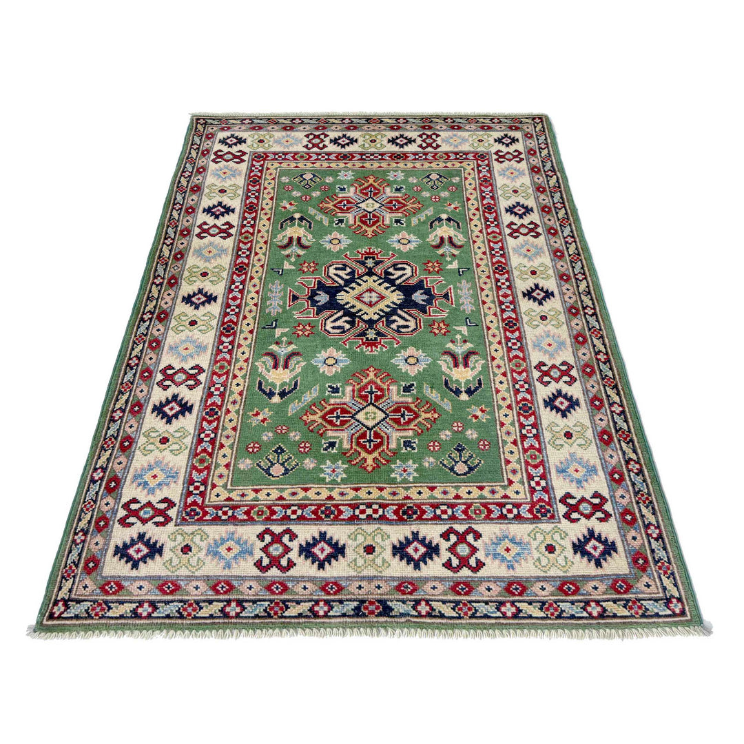 Green Afghan Kazak Rug 3' 3" x 5' 0" Hand-Knotted detail