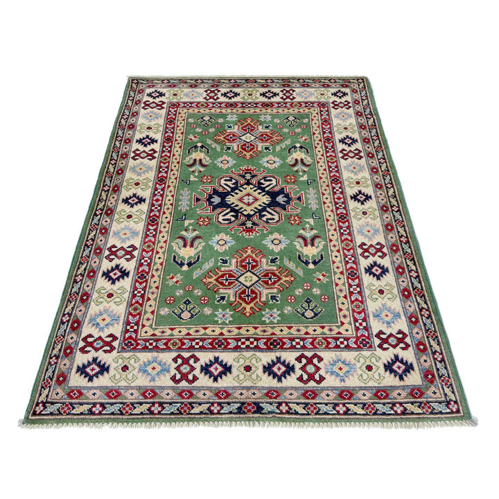 Green Afghan Kazak Rug 3' 3" x 5' 0" Hand-Knotted detail