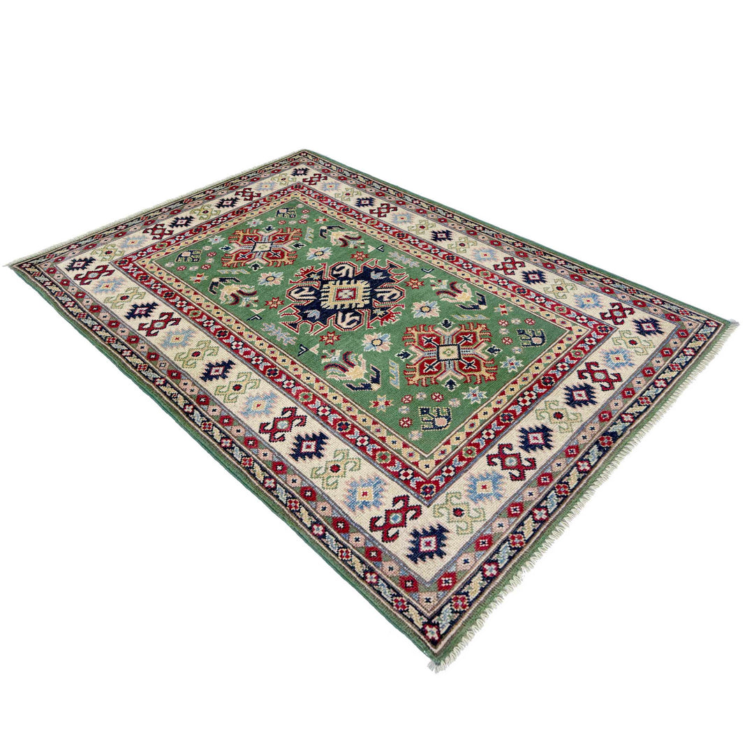 Green Afghan Kazak Rug 3' 3" x 5' 0" Hand-Knotted view