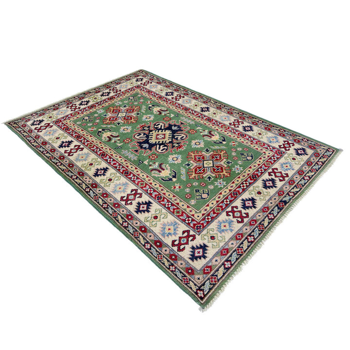 Green Afghan Kazak Rug 3' 3" x 5' 0" Hand-Knotted view