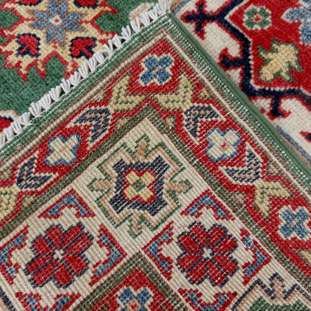 Green Afghan Kazak Rug 3' 2" x 5' 1" Hand-Knotted | No. AL59601