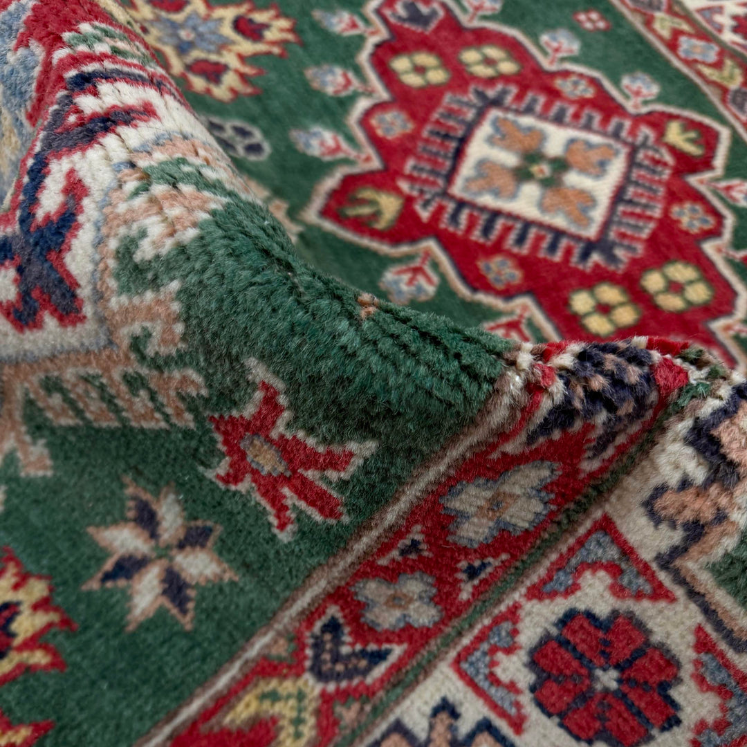 Green Afghan Kazak Rug 3' 2" x 5' 1" Hand-Knotted | No. AL59601
