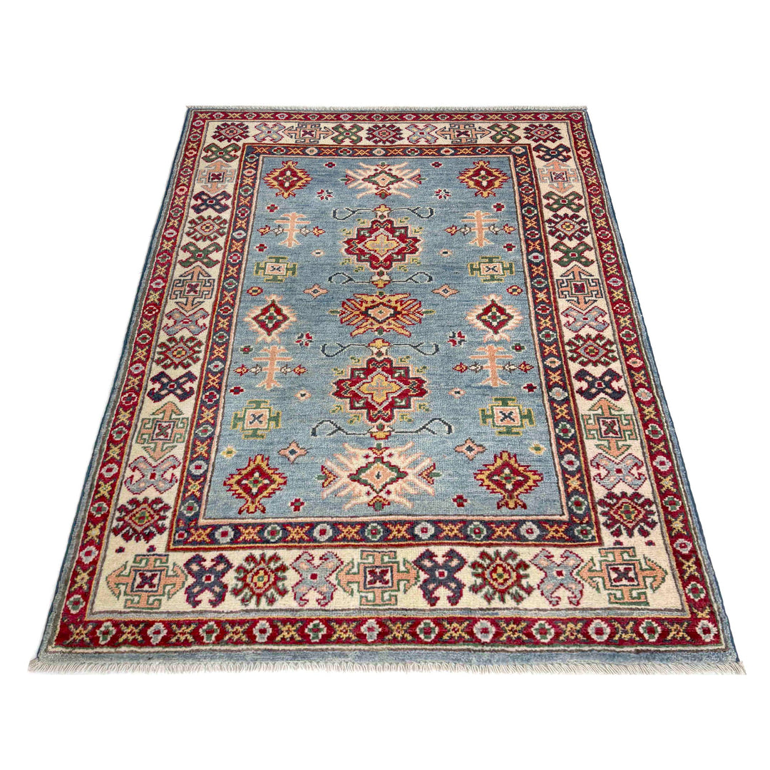Blue Afghan Kazak Rug 3' 3" x 4' 11" Hand-Knotted detail