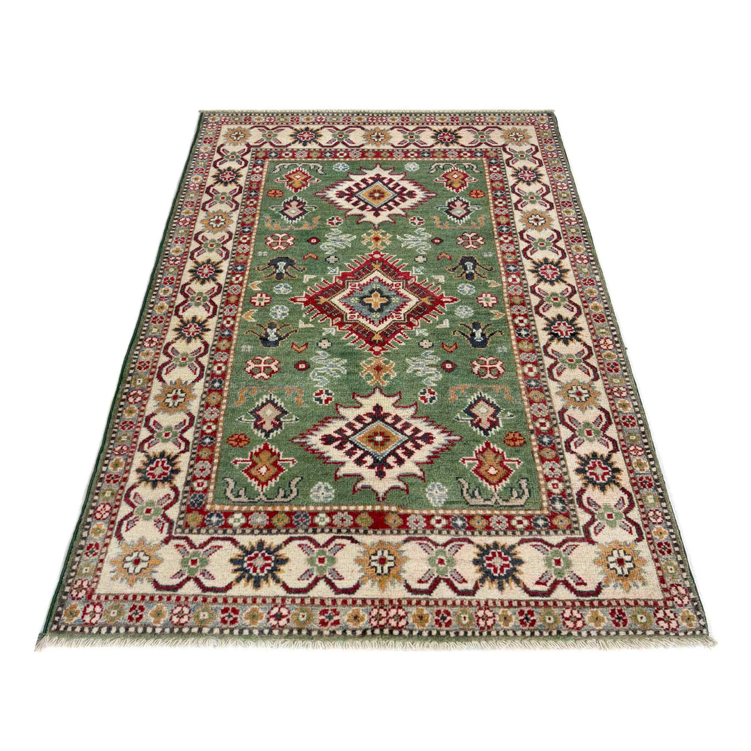 Green Afghan Kazak Rug 3' 3" x 4' 11" Hand-Knotted | No. AL28507