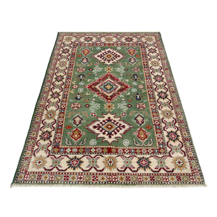 Green Afghan Kazak Rug 3' 3" x 4' 11" Hand-Knotted | No. AL28507