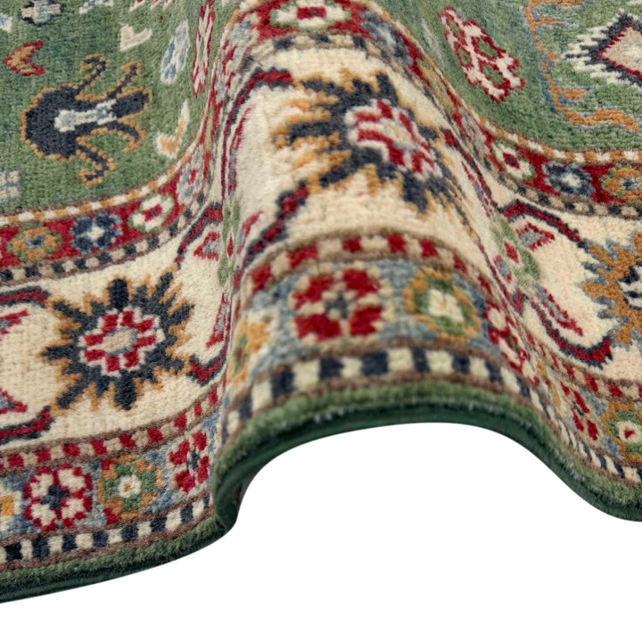 Green Afghan Kazak Rug 3' 3" x 4' 11" Hand-Knotted field