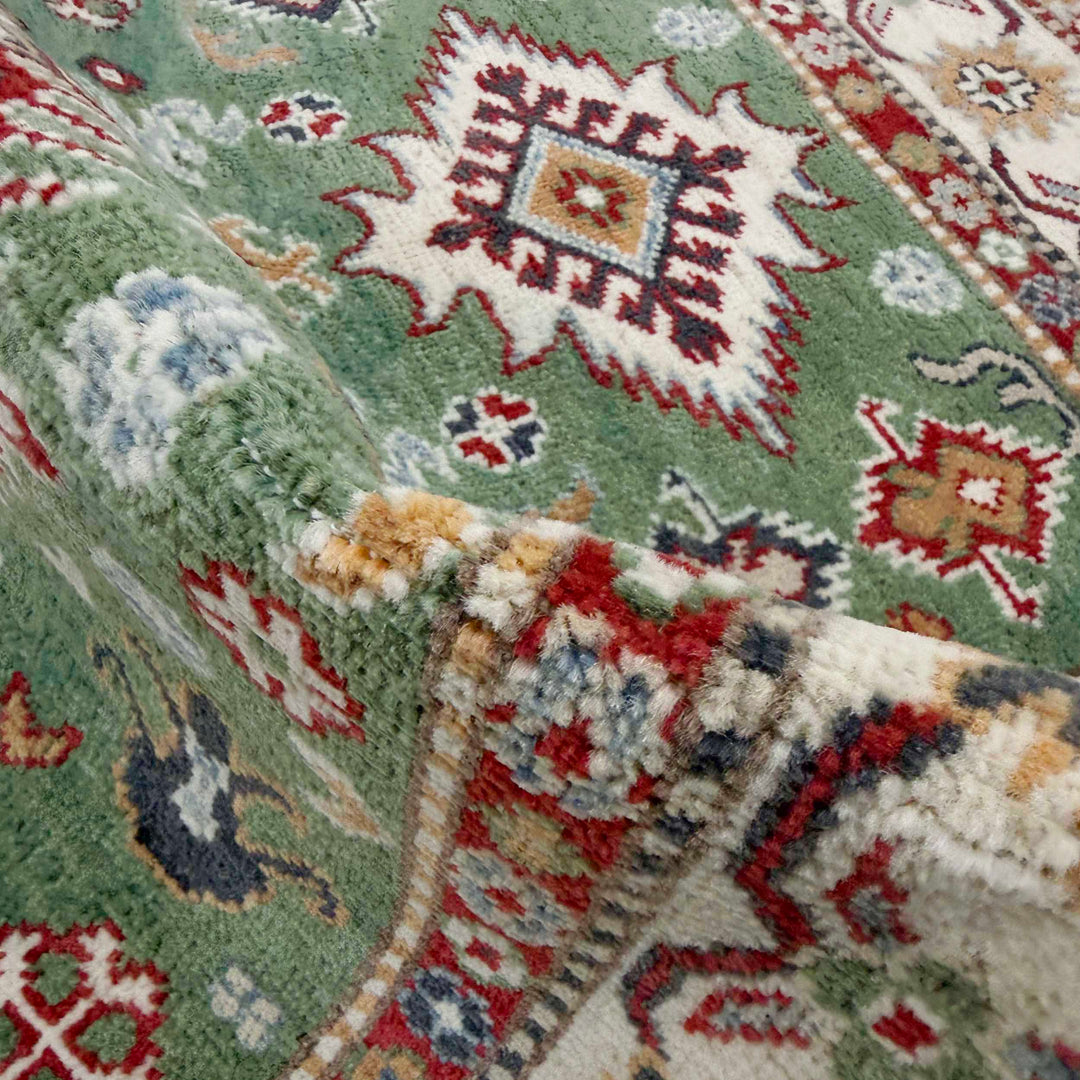 Green Afghan Kazak Rug 3' 3" x 4' 11" Hand-Knotted | No. AL28507