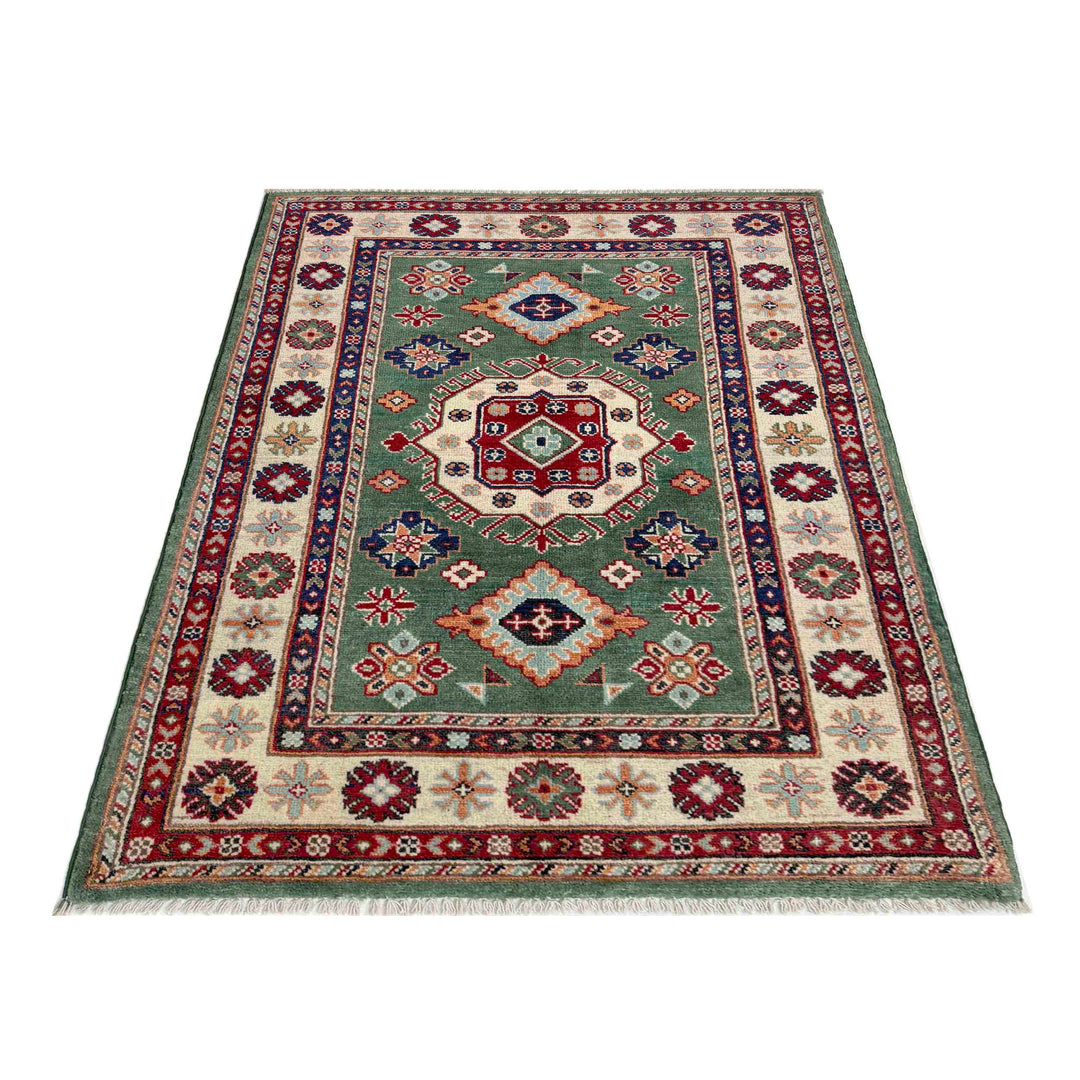 Green Afghan Kazak Rug 3' 2" x 4' 9" Hand-Knotted detail