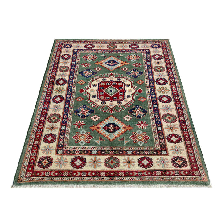 Green Afghan Kazak Rug 3' 2" x 4' 9" Hand-Knotted detail