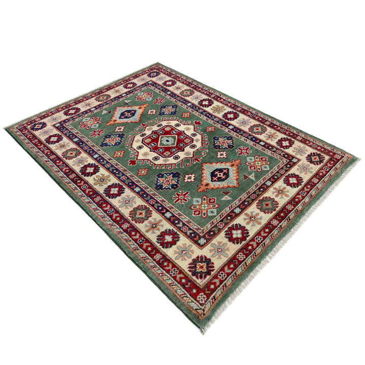 Green Afghan Kazak Rug 3' 2" x 4' 9" Hand-Knotted view
