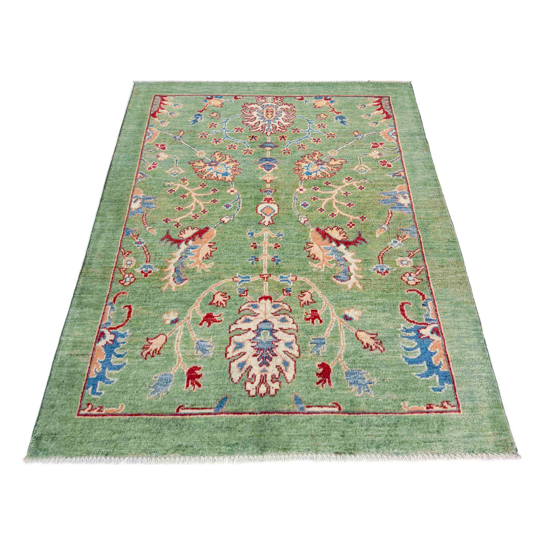 Green Afghan Sultani Rug 3' 4" x 4' 10" Hand-Knotted detail