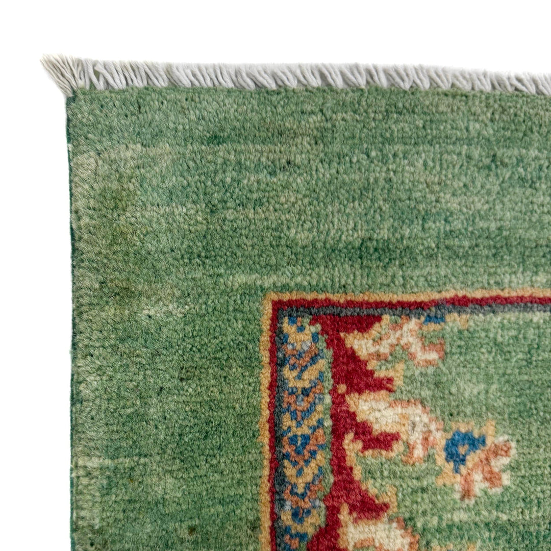 Green Afghan Sultani Rug 3' 4" x 4' 10" Hand-Knotted pattern