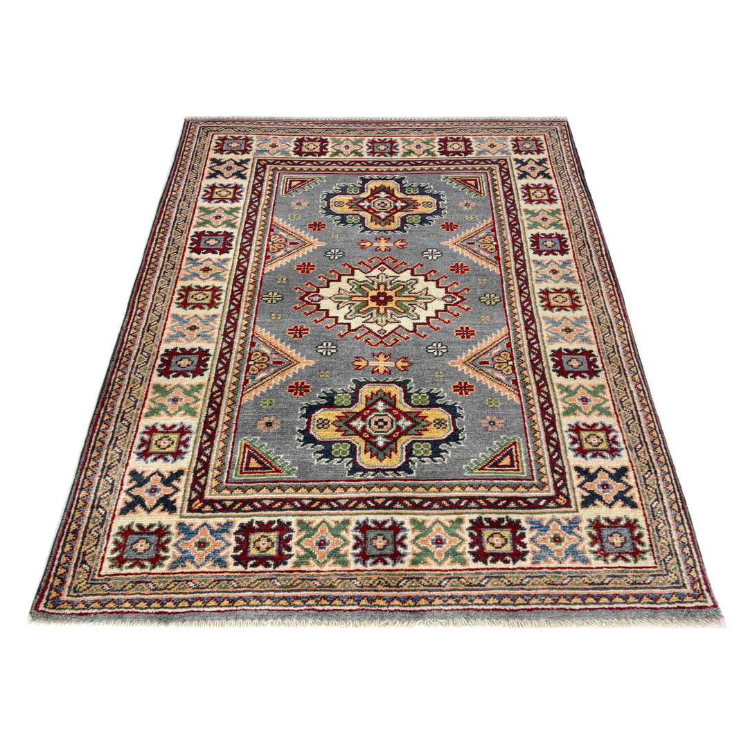 Blue Afghan Kazak Rug 3' 2" x 4' 5" Hand-Knotted detail