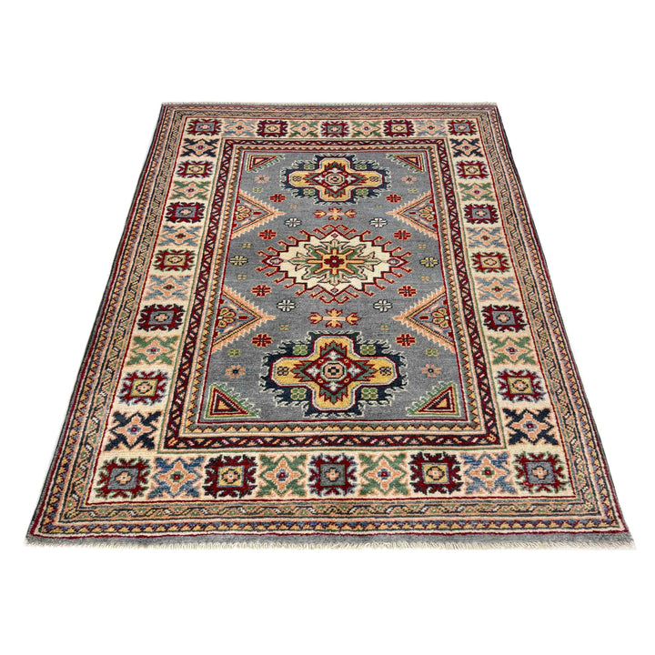 Blue Afghan Kazak Rug 3' 2" x 4' 5" Hand-Knotted detail