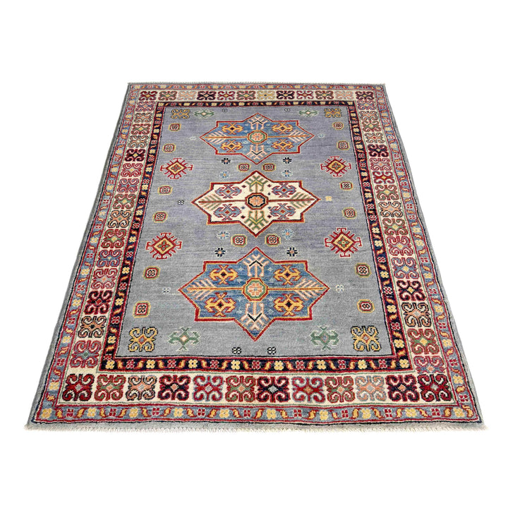 Blue Afghan Kazak Rug 3' 4" x 4' 11" Hand-Knotted | No. AL49523