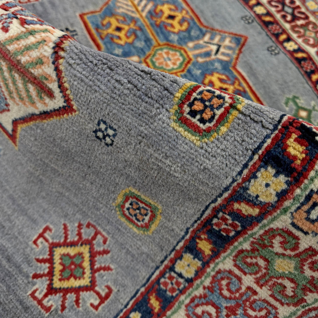 Blue Afghan Kazak Rug 3' 4" x 4' 11" Hand-Knotted | No. AL49523