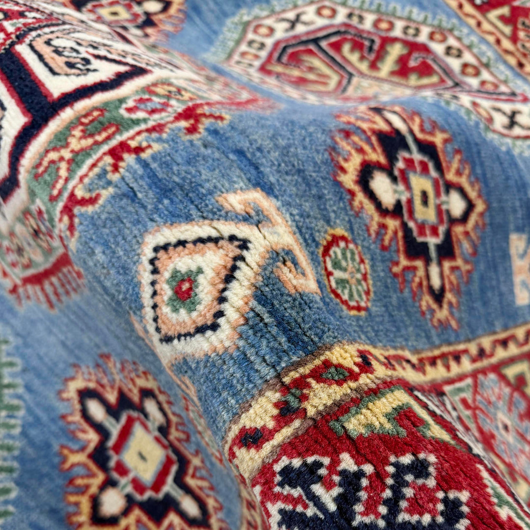 Blue Afghan Kazak Rug 3' 4" x 4' 10" Hand-Knotted | No. AL56614