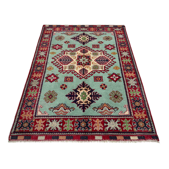 Blue Afghan Kazak Rug 3' 2" x 4' 9" Hand-Knotted detail