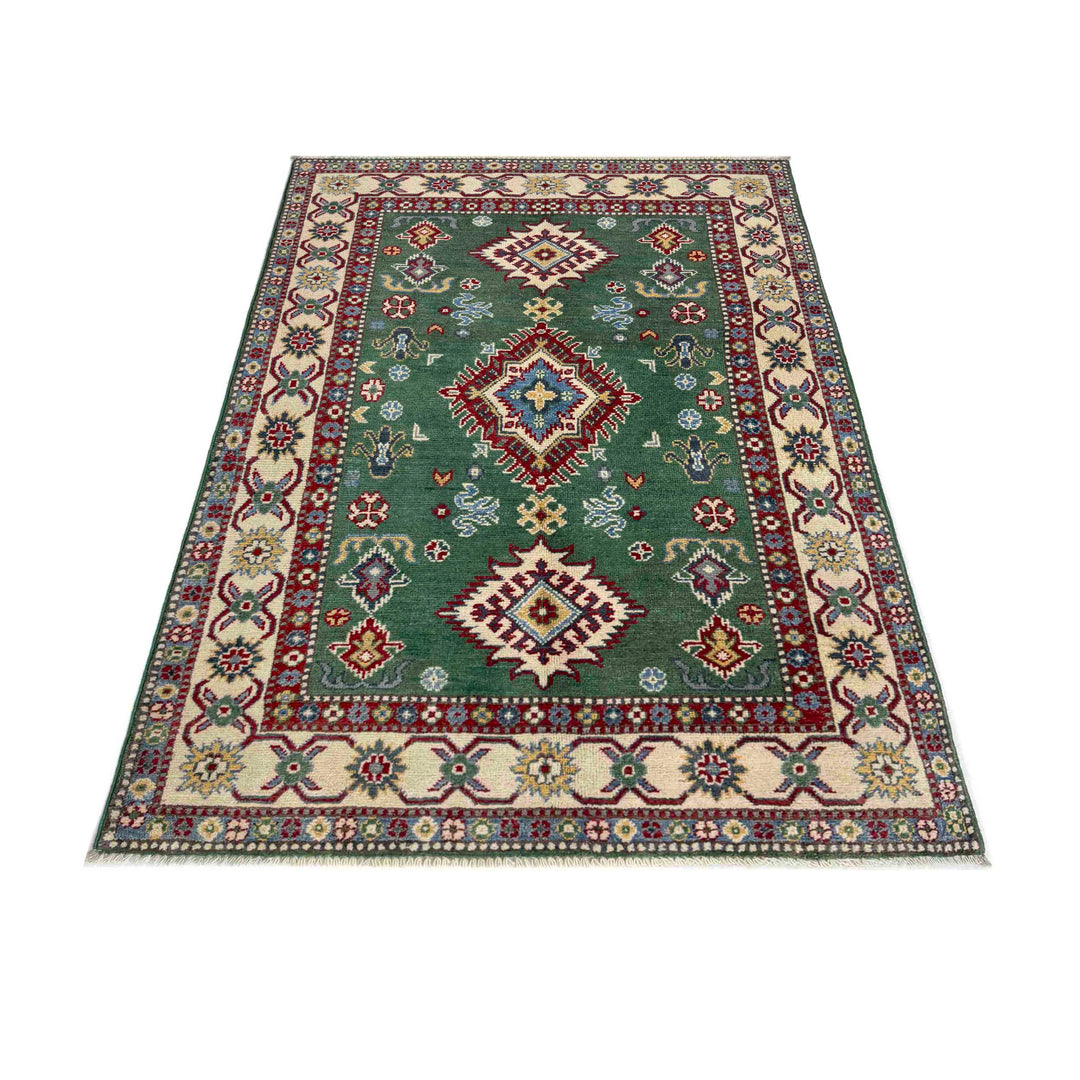 Green Afghan Kazak Rug 3' 3" x 5' 0" Hand-Knotted detail