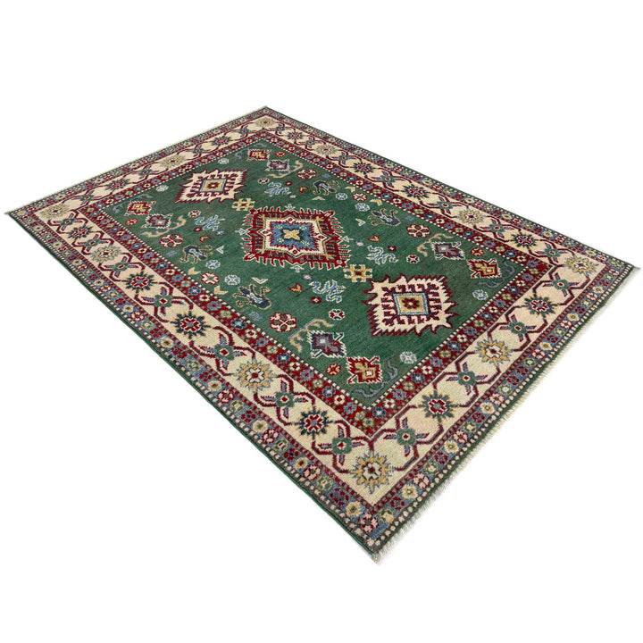 Green Afghan Kazak Rug 3' 3" x 5' 0" Hand-Knotted close-up